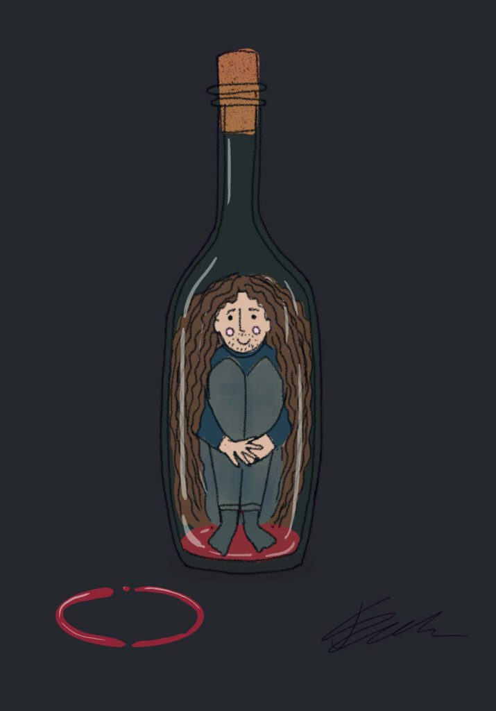 A drawing of Joey in a wine bottle? Yes!